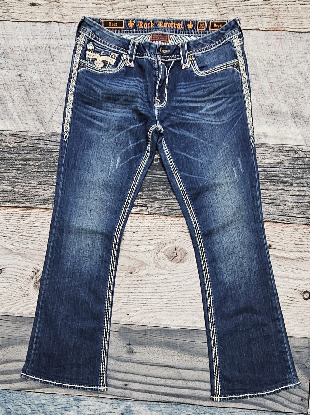 Rock Revival Boot Cut Royal Jeans Embroidered Bling Thick Thread Size 31 Y2K